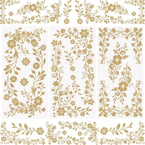 WANDIC 3 Sheets Gold flower Rub On Transfer Stickers Gold Foil Scrapbook Stickers Window Decals Waterproof Decals for DIY Furniture Photo Albums,15 * 30cm
