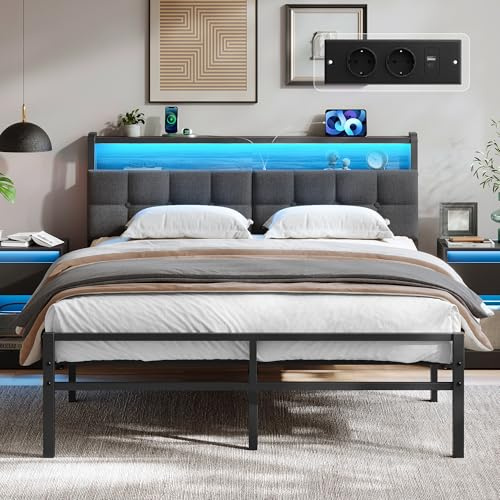 VASAGLE Cadre de Lit 140 x 190 cm, Métal, avec Tête de Lit, Éclairage LED | Prises, Étagère, 208,9 x 140,5 x 104,5 cm, Noir mat et Noir fumé, Collection Conner RMB123G201