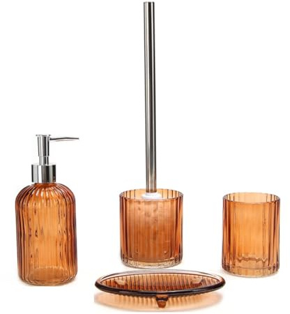 BM Set Accessori Bagno in Vetro 4 Pezzi – Dispenser Sapone, Porta Spazzolino, Porta Scopino WC e Portasapone – Design Elegante e Moderno per Bagno e Toilette (Arancione)