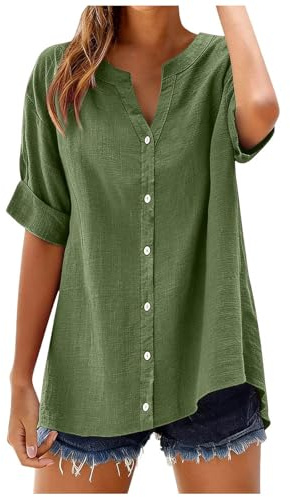 Chemise Femme Chic et élégant Col V Chic et Élégant Top Grande Taille Ample Fluide Respirant Confortable Haut Décontracté en Lin Coton à Boutons pour Quotidien Travail Vacances Blouse