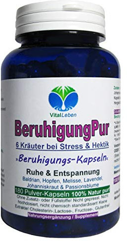 BERUHIGUNG, ENTPANNUNG 180 Kapseln PFLANZLICHES Beruhigungsmittel mit Baldrian Hopfen Melisse Lavendel Johanniskraut Passionsblume. Natürliche BERUHIGUNGSKAPSELN. OHNE ZUSATZSTOFFE. 26720-180