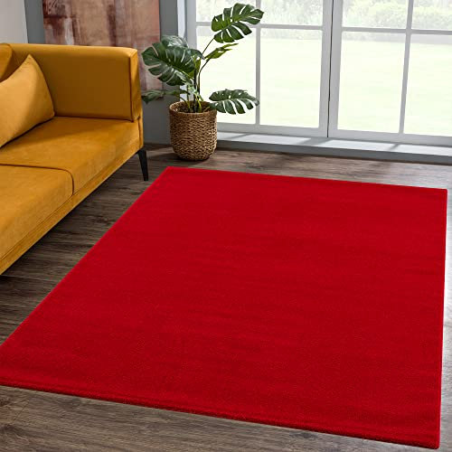 SANAT Kurzflor Teppich Wohnzimmer - Uni Modern Teppiche fürs Schlafzimmer, Arbeitszimmer, Büro, Flur, Kinderzimmer und Küche - Rot, 140 x 200 cm