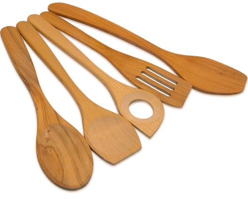 SOHFA 5er Küchenhelfer Holz Set aus Kirschholz | 3x Pfannenwender Set und 2x Kochlöffel im Küchenhelfer Set hitzebeständiges Holz | made in europe – Pfannenwender aus 100% FSC®