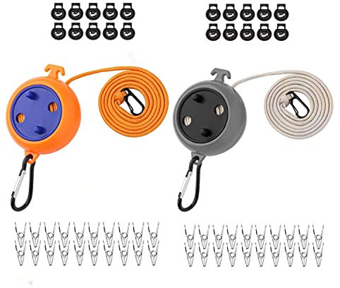 Tootesa 2 Stück Wäscheleine Ausziehbar, 8M Wäscheleine Camping Tragbare Reise Urlaub Outdoor/Indoor, wäscheschnur Wäscheständer mit Stopper und Windproof Wäscheklammern (Schwarz+Orange)
