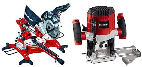 Einhell Ingletadora TC-SM 2131/1 Dual (máx. 1.800 W, 4.900 min-1, función de tracción integrada, tope de pieza, dispositivo de sujeción, incl. hoja de sierra de carburo de tungsteno, láser)+Fresadora