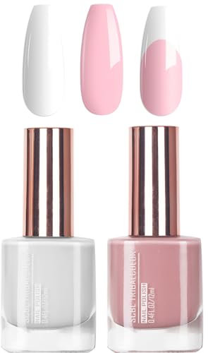 Nail Polish Set - 2Pcs Quick Dry Pink & White Nail Varnish - 2 In 1 Simple Long Lasting Oil-Based Formula - DIY Home Manicure - No Cure Needed