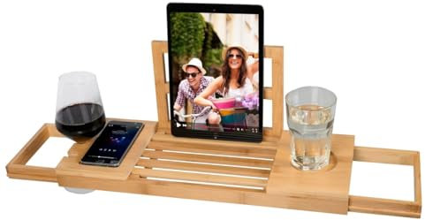 alpina Salle de Bain Planche Bois - Plateau de Bain 50-92 x 18 x 4 cm - Decoration Salle de Bain Bambou avec Support de Livre et Porte-Tablette - INCL. Porte-Gobelets, Marron