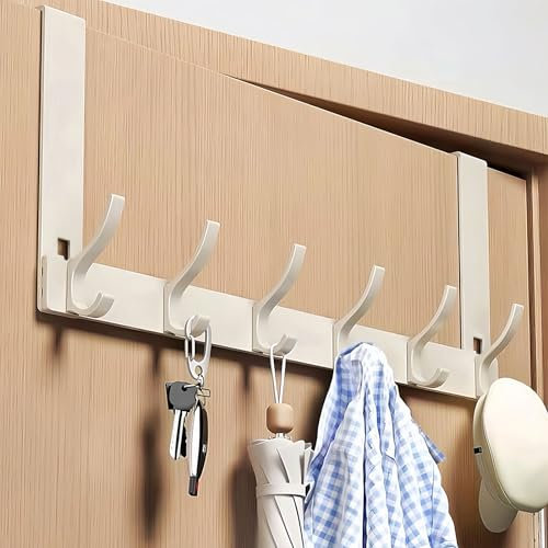 Gerhannery Türgarderobe zum Einhängen, Türhaken Ohne Bohren Türgarderobe mit 6 Haken, Praktisch Türhakenleiste Kleiderhaken Tür für Badezimmer und Schlafzimmer (Creme Weiß)