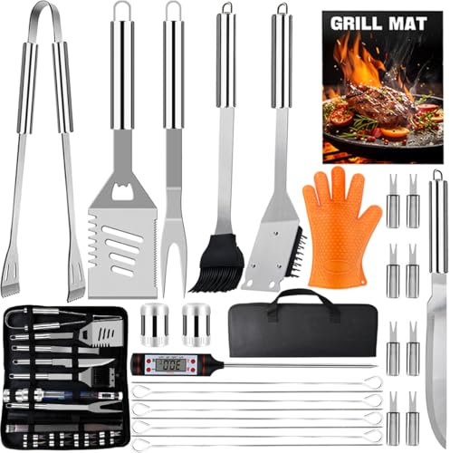 JUAUO Grillbesteck Set, 28-teiliges Edelstahl Professionelles Grillzubehör mit Tragetasche, Geburtstags Weihnachten Geschenk für Männer, für Garten und Camping BBQ
