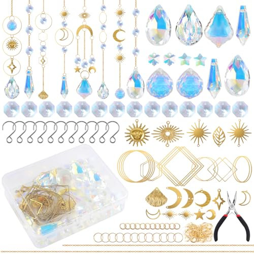 200 Stück Sonnenfänger Kristall, Bastelset Erwachsene Suncatcher, Kristalle zum Aufhängen Sonne Mond Anhänger Kristalle DIY Bastelsets für Fenster Garten Lichtfänger Dekor (Gold)