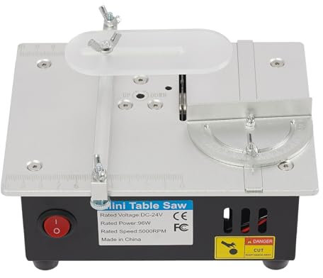 Qussse Mini sierra circular de mesa de 96 W, sierra de mesa de precisión con 4 cuchillas, fuente de alimentación de 7 velocidades, sierra portátil de 0,1 a 15 mm, hoja de sierra de altura ajustable,