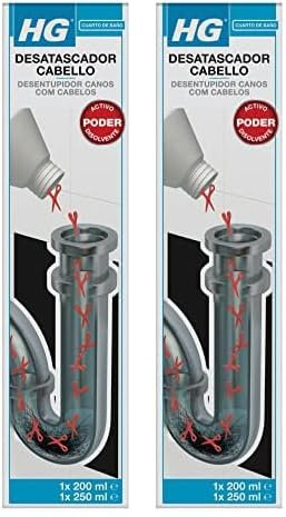 HG Desatascador Cabello, Desatascador de Desagües Profesional, Destapa Cañerías y Limpia Tuberías de Duchas, Bañeras y Fregaderos, Desatasca los Tapones de Pelo, 200 ml + 250 ml (Paquete de 2)