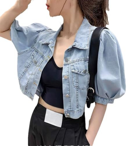 Blusa de mezclilla fina para mujer, manga abombada, chaqueta de mezclilla para calle, Y2k, azul claro, S