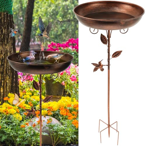 31.5In Metal Bird Bath for Garden, Cast Iron Bird Bath Stand with 5 Prongs Base Stake, Vintage Feeder Bowl for Outdoors Garden Patio Yard Lawn Decor