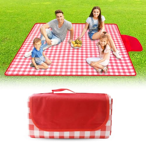 Manta de picnic impermeable para playa, manta de pícnic, manta de pícnic, color rojo y blanco, a cuadros, manta de camping con asa, manta de pícnic, manta de camping, esterilla de playa, manta grande