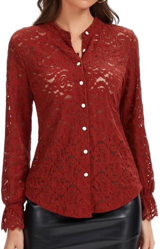 WOWENY Chemisier élégant en dentelle à manches longues pour femme avec col boutonné, rouge bordeaux, XXL