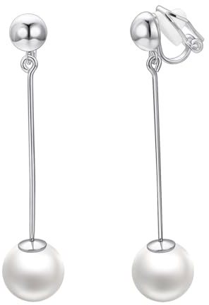 Vissen Blanc Perles Boucles D'oreilles Clips Femme Longue Pendantes Argent
