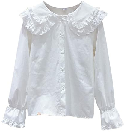 2025 Camisa Niña,Camisas Manga Larga de Volantes Dulce y Adorable Cuello de Muñeca Blusa para Niñas Elegante Camisa Blanca Simple Versátil Camisetas de Botones Uniforme Escolar 5-13 Años