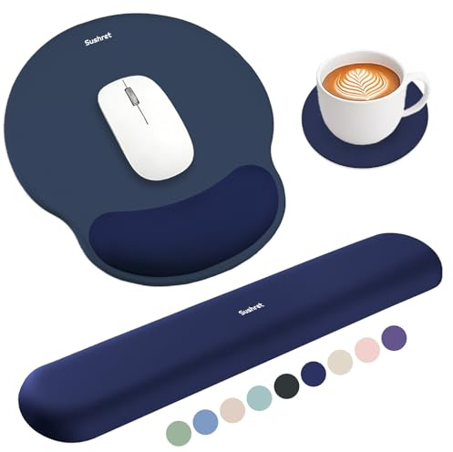 Sushret Mouse Pad and Keyboard Wrist Rest, Mouse Pad with Wrist Rest Set | Gel Memory Foam, 3-in-1 Mousepad Set, Arm Cushion Support for Computer Office Gaming, Desk Accessories Cute Setup, Dark Blue