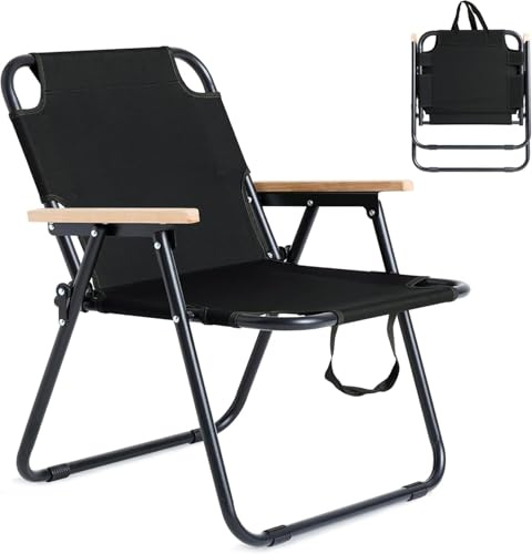 SANEIOUI Campingstol, hopfällbar set om 2, 150 kg, strandstol, lätt med armstöd av trä, hög rygg, fällstol liten, robust metallram, campingstolar, bekväm för strand, trädgård, camping (svart)