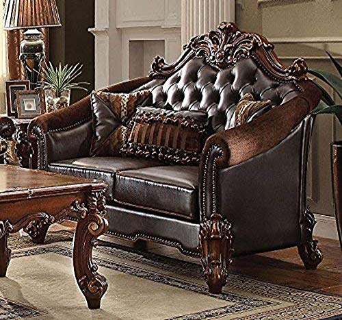 Acme Furniture Vendome II Dark Brown Faux Leather Loveseat with 3 Pillows, 2-tone dark brown pu/cherry, 66.54l x 44.09w x 48.03h (53131)