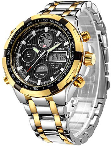 Affute Digitale sowie analoge, sportliche, militärische, luxuriöse und wasserdichte Herren-Uhr mit LEDs in Gold, Silber und Schwarz