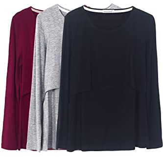 Smallshow Mujer Top Camiseta Premamá Lactancia De Manga Larga 3 Pack,Black/Grey/Wine,L