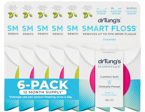 DrTung's Smart Floss - Natural Floss, PTFE & PFAS Free Floss, Gentle on Gums, Expands & Stretches, BPA Free Floss - Natural Dental Floss Cardamom Flavor (Pack of 6)