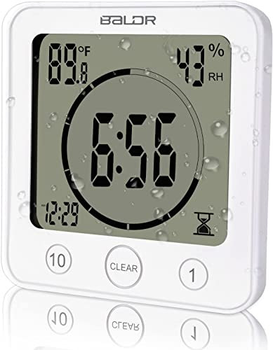 Trintion Bathroom Waterproof Digital Shower Clock With Suction Cup, Alarm, Temperature, Humidity Hygrometer, Thermometer, Countdown Timer for Kitchen - Mini Hanging Hole Stand (White)