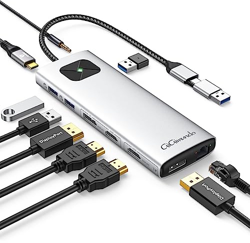 GiGimundo LK10 DisplayLink Docking Station Dual Monitor 4K 60Hz für M1/M2/M3 MacBook Air/Pro, Tragbarer DisplayLink Adapter mit 3xUSB3.2 Port, 2xHDMI, 2xDP, PD100W, Ethernet, Audio, Silber