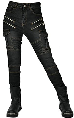 HOMDECR Jeans da donna, slim fit, da motociclista, con protezioni per ginocchia e fianchi, elasticizzati, slim fit, in denim, da motociclista (nero, M)