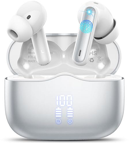 Auriculares Inalambricos Bluetooth, Auriculares Bluetooth 5.3 Ultraligero con 4 Mics, 2024 HD Estéreo Cascos Inalambricos Cancelación de Ruido ENC, USB-C, Auriculares in Ear 40H IPX7 Impermeable,Plata