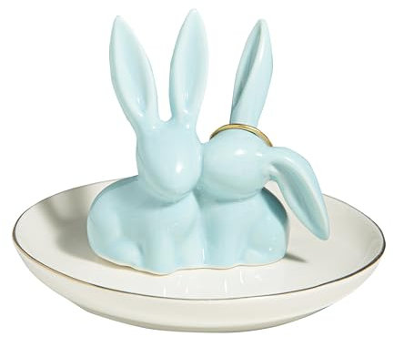 Lynagert Portaanelli a forma di coniglio, in ceramica, per anelli, orecchini, collane, organizer per anelli di fidanzamento e matrimonio (blu)
