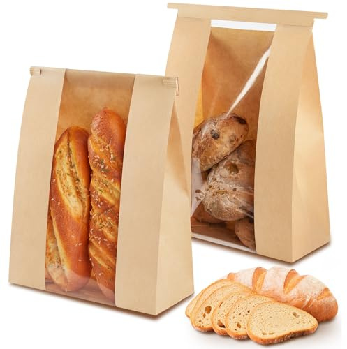 Ohuimrt 100 PCS Large Paper Bread Bags, 13.7 x 8.2 x 3.5 Inches Bakery Bags with Window, Homemade Bread Loaf Bags with Tin Tie Tab Lock and Seal Stickers