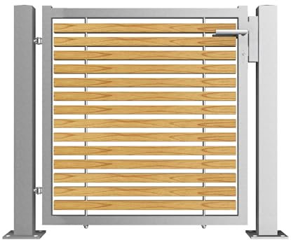Gartentor Edelstahl V2A mit Lärchenholz - Modern trifft Klassik - DIN rechts/links, versch. Montagesets. Gartentüre, Zauntor, Terrassentor (mit Pfosten DIN links Betonschlaganker)