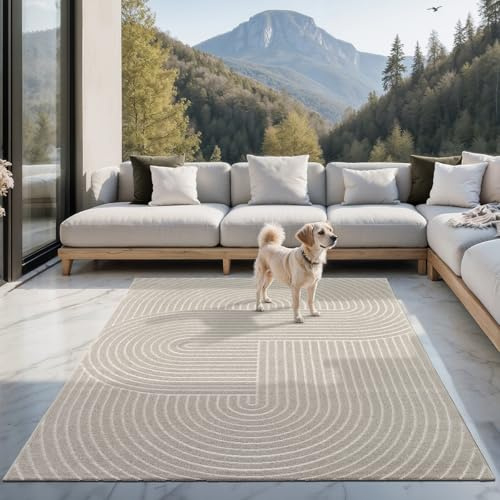 the carpet Santo Plus Outdoor Teppich – Wetterfest & Pflegeleicht, Balkon Teppich, Terrasse & Garten, Flachgewebe Indoor & Outdoor, Modern für Wohnzimmer & Schlafzimmer, Beige, 80 x 250 cm
