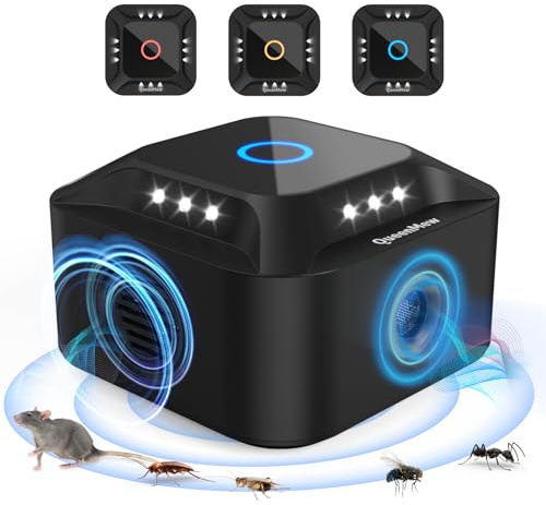 Ahuyentador de Ratas, Ultrasonido contra Ratones 360° Ahuyentador de Topos con Luz LED Repelente Ultrasónico de Plagas Enchufables Roedores Ahuyentador Cucarachas para Jardín
