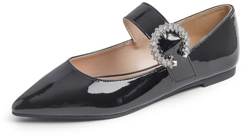 Feversole Flache Schuhe für Damen,Spitze Flache Schuhe，Klassische Ballerinas Profilsohle Maryjane Schwarz Lack Strass Schnalle 40 EU
