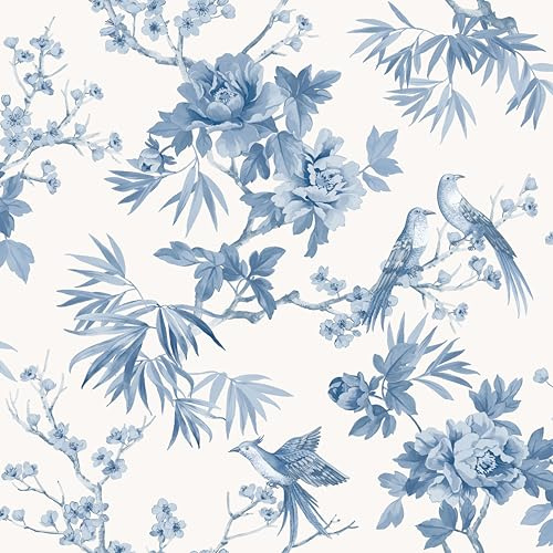 SOPHIE LAURENCE Amie Jardin Chinoiserie Blue Floral Wallpaper, Birds and Blooms, Nature Inspired Decor, 10m Roll