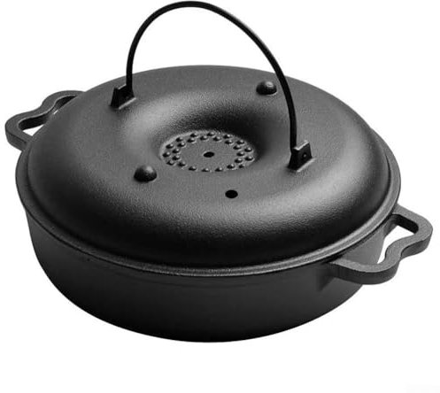 Asador redondo de hierro fundido con tapa de bloqueo de humedad, para asar uniformemente alitas de pollo y deliciosos dientes de ajo