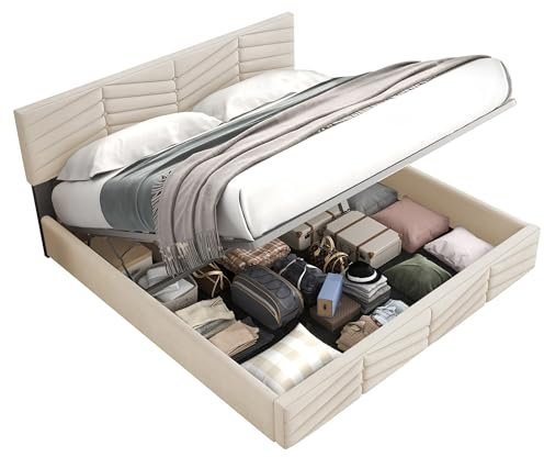 Zenithpath Bett 180x200cm, Polsterbett aus Velvet Kopfteil Höhenverstellbar Hydraulisch Bett mit Stauraum, Doppelbett Bettgestell ohne Matratze