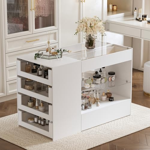 FUFU&GAGA Closet Island with Glass Top & 8 Drawers for Walk in Closet, Jewelry Display Cabinet Island with Glass Shelf, for Store Dressing Room Shop, 47.2”W x 23.6”D x 31.5”H