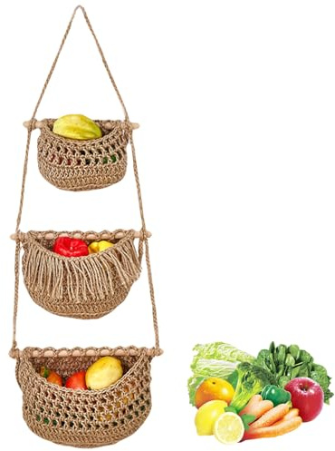 DUOHERESHUI Corbeille De Fruits Suspendue, Corbeille a Fruits, Panier Mural Osier, Organiser Et Décorer, Pour Fruit, Légumes, Pour Cuisine Salon Salle De Bains Chambre à Coucher, 3 Étages, Brun