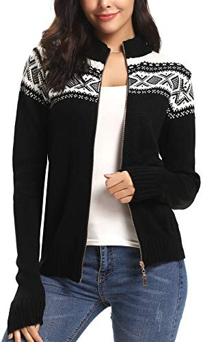 Sykooria Ladies Autumn Jacket Womens Knitted Tops Knitwear Zip Through Cardigan Snowflake Jumpers Sweaters Coat