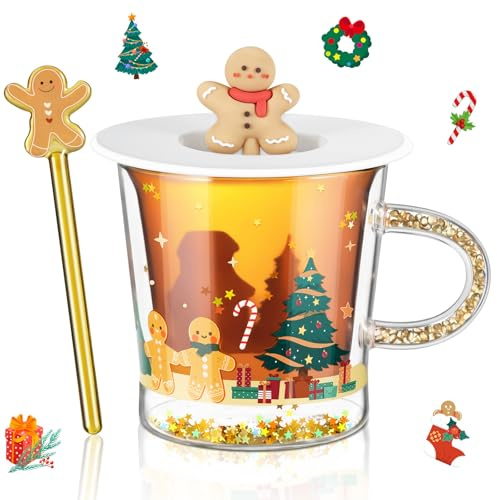 ecooe Graziosa tazza di Natale per pan di zenzero, a doppia parete, 260 ml, regalo di Natale per donne, ragazze, tazze di Natale con coperchio e asta per latte macchiato