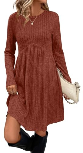 LIAMERHE Midi Robe en Tricot Femme Manches Longues Col Rond Chic Elegant Robe Pull Automne et Hiver Casual Robes A-Line Rayures Verticales avec Poches Caramel S