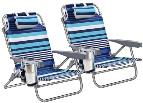 5-Position Aluminum Lay Flat Backpack Beach Chair 2 Pack, Compact Portable Low Beach Chairs for Adults, Beach Chair with Cooler Pouch, Storage Pouch, Towel Bar, Cup Holder, Blue Stripe