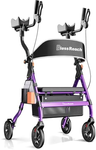BlessReach Heavy Duty Upright Rollator Walker for Seniors with Seat, 450lb Capacity, 8 All-Terrain Wheels, 6 Height Adjustments, Padded Seat & Backrest, Easy Assembly, Foldable Design, Purple