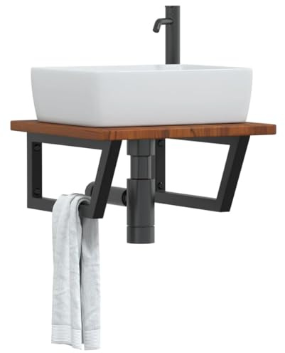 HaoChrymec Encimera de Lavabo con Soporte de Acero, Roble Macizo, Diseño Compacto, Mueble Bajo Lavabo, Mueble de Baño Auxiliar, para Baño y Lavadero, Color Marrón Oscuro, 50 x 50 x 2,5 cm