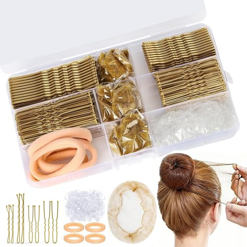 385‑Pcs Gold Hair Bun Kit, Hair Pins Set with Storage Box For Updos | Includes Bobby Pins,U‑Shaped Pins,Elastic Bands,Bun Nets,Scrunchies,Durable Metal,For Daily,Wedding,Dance Hairstyling